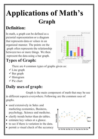 Applications of Math’s
Graph
Definition:
In math, a graph can be defined as a
pictorial representation or a diagram
that represents data or values in an
organized manner. The points on the
graph often represents the relationship
between two or more things. We then
represent the data using a bar graph.
Types of Graph:
There are 4 common types of graphs given as:
 Line graph
 Bar graph
 Histogram
 Pie chart
Daily uses of graph:
Graph is the main component of math that may be use
in different aspects everywhere. Following are the common uses of
graphs.
 used extensively in Sales and
marketing economics, Business,
psychology, Science and medicine.
 clarify trends better than do tables.
 estimate key values at a glance.
 to see if there is variation in the data.
 permit a visual check of the accuracy
 