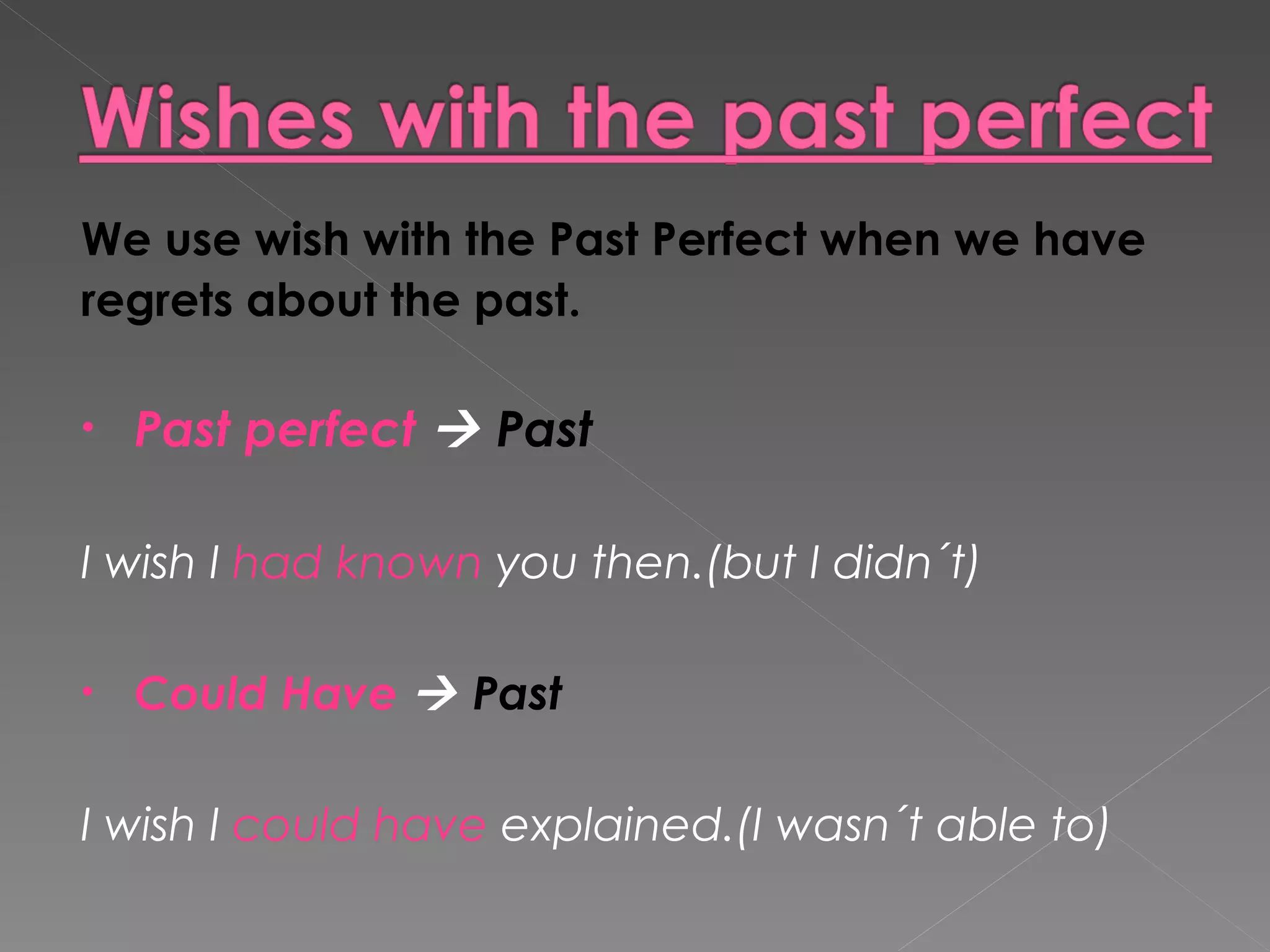 We use wish with the Past Perfect when we have regrets about the past. Past perfect     Past I wish I  had known  you then.(but I didn´t)  Could Have     Past I wish I  could have  explained.(I wasn´t able to) 