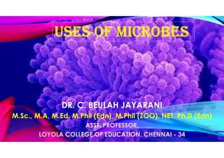 USES OF MICROBES
DR. C. BEULAH JAYARANI
M.Sc., M.A, M.Ed, M.Phil (Edn), M.Phil (ZOO), NET, Ph.D (Edn)
ASST. PROFESSOR,
LOYOLA COLLEGE OF EDUCATION, CHENNAI - 34
 
