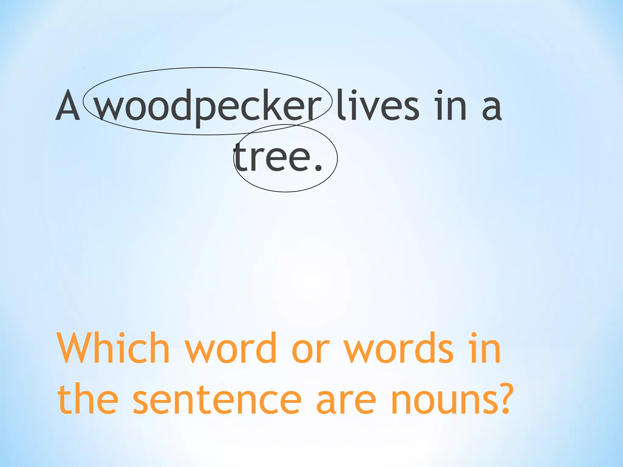 A woodpecker lives in a
tree.

Which word or words in
the sentence are nouns?

 