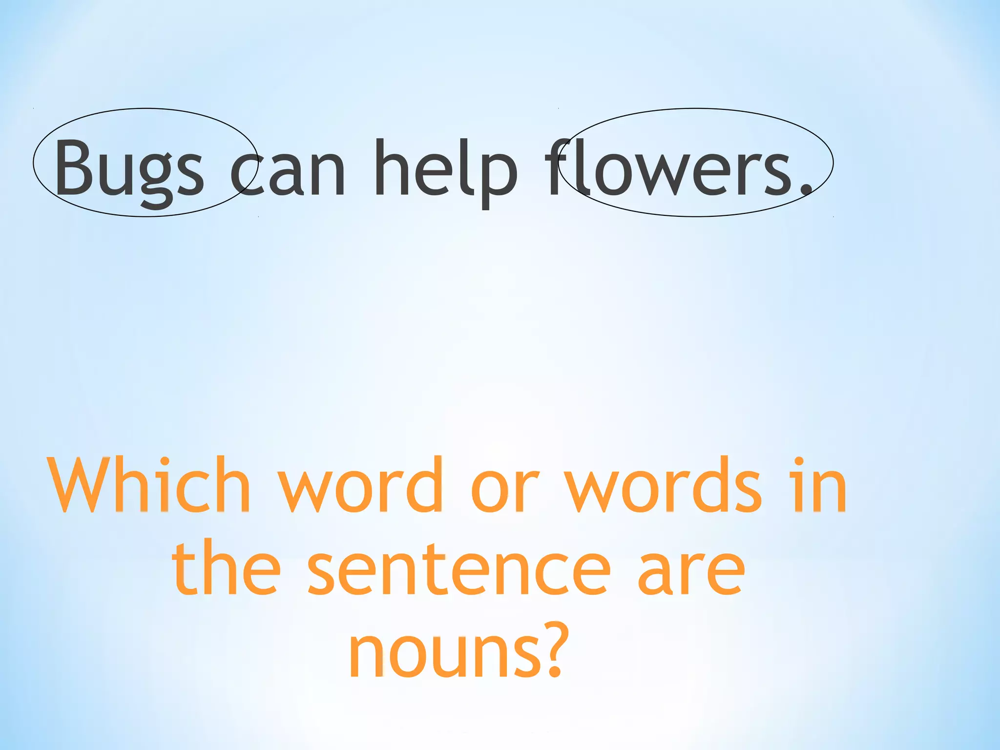 Bugs can help flowers.

Which word or words in
the sentence are
nouns?

 