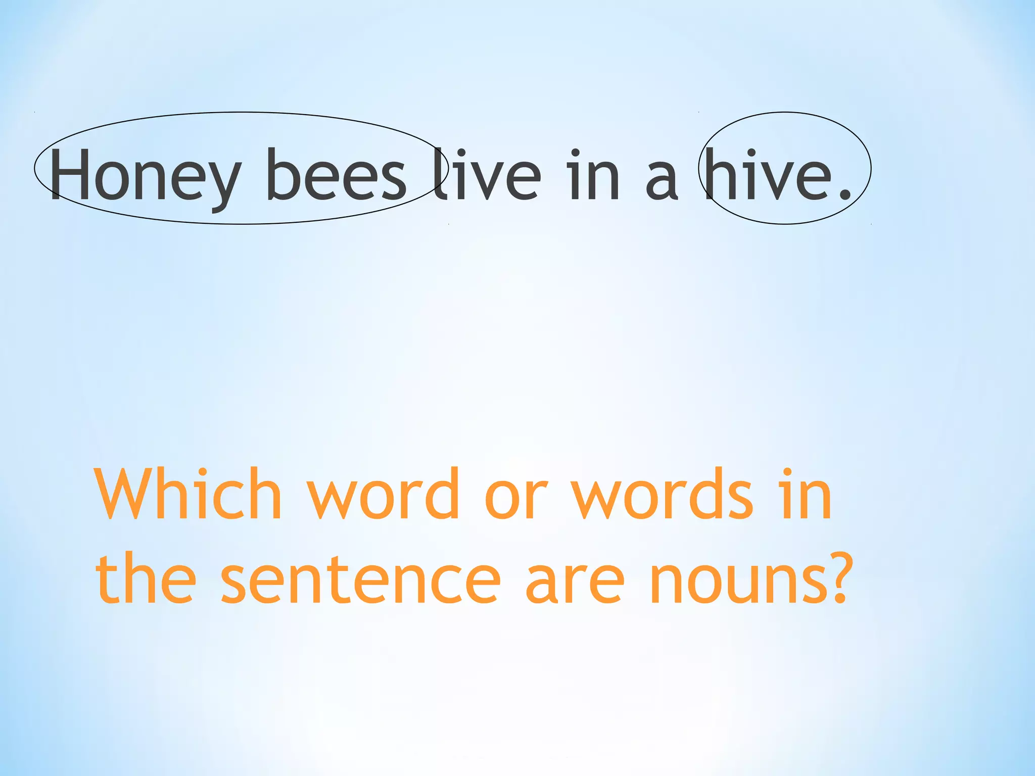 Honey bees live in a hive.

Which word or words in
the sentence are nouns?

 