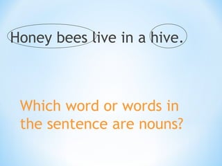 Honey bees live in a hive.

Which word or words in
the sentence are nouns?

 