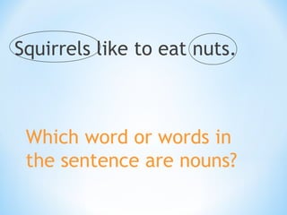 Squirrels like to eat nuts.

Which word or words in
the sentence are nouns?

 