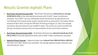 Results Granite Asphalt Plant
 Real Power Demand Average (kW) – Real Power demand was reduced by an average
18.88 kW (4.13%) at low load operational levels with 9 USES Power Conditioners
activated. Each USES unit was individually tested and found to be operational and
contributing to the overall power quality improvements as presented in the Power Shaver
proposal of April 2012. During the Off-Peak TIS testing of August 15, 2012, the average
real power demand reduction was 18,884.71 watts. The results are used in the ROI and
Savings calculations because they are representative of low circuit load conditions.
 Real Power Demand Instant (kW) – Real Power demand was reduced instantly by 23.45
kW (5.14%) at low load operational levels with 9 USES Power Conditioners activated.
 Apparent Power Average – Apparent power was reduced from 588.014 KVA to 483.814
KVA when the USES System was activated. The average apparent power reduction was
104.230 KVA (17.73%).
www.PowerShaver.com
 