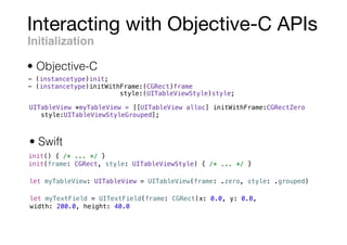Interacting with Objective-C APIs
- (instancetype)init;
- (instancetype)initWithFrame:(CGRect)frame
style:(UITableViewStyle)style;
init() { /* ... */ }
init(frame: CGRect, style: UITableViewStyle) { /* ... */ }
UITableView *myTableView = [[UITableView alloc] initWithFrame:CGRectZero
style:UITableViewStyleGrouped];
let myTableView: UITableView = UITableView(frame: .zero, style: .grouped)
let myTextField = UITextField(frame: CGRect(x: 0.0, y: 0.0,
width: 200.0, height: 40.0))
Initialization
• Objective-C
• Swift
 