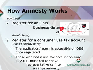 How Amnesty Works
                                          -
continued
2. Register for an Ohio
                    Business Gateway (OBG)
                                account (if don’t
   already have)
3. Register for a consumer use tax account
   (if don’t already have)
   The application/return is accessible on OBG
    once registered
   Those who had a use tax account on June
    1, 2011, must call (or have
           representative call) to
               arrange amnesty
 