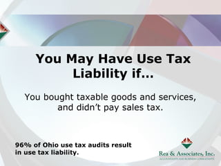 You May Have Use Tax
          Liability if…
  You bought taxable goods and services,
         and didn’t pay sales tax.



96% of Ohio use tax audits result
in use tax liability.
 