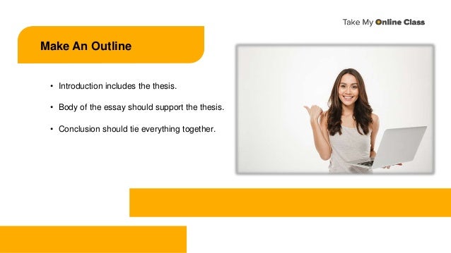 Make An Outline
• Introduction includes the thesis.
• Body of the essay should support the thesis.
• Conclusion should tie everything together.