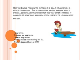 USE THE SIMPLE PRESENT TO EXPRESS THE IDEA THAT AN ACTION IS
REPEATED OR USUAL. THE ACTION CAN BE A HABIT, A HOBBY, A DAILY
EVENT, A SCHEDULED EVENT OR SOMETHING THAT OFTEN HAPPENS. IT
CAN ALSO BE SOMETHING A PERSON OFTEN FORGETS OR USUALLY DOES

NOT DO .



I play tennis.
She does not play tennis.
Does he play tennis?
The train leaves every morning at 8 AM.
The train does not leave at 9 AM.
 