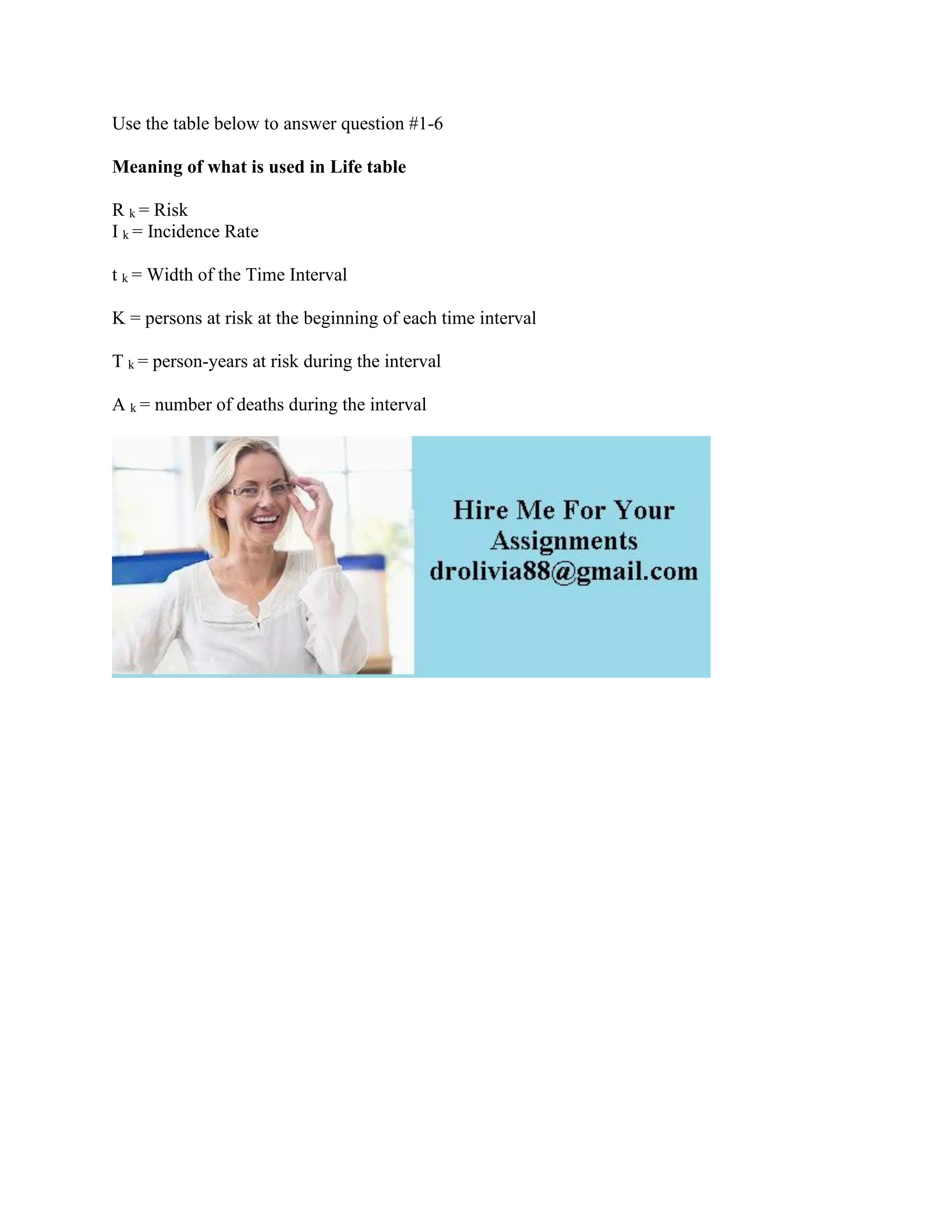 Use the table below to answer question #1-6
Meaning of what is used in Life table
R k = Risk
I k = Incidence Rate
t k = Width of the Time Interval
K = persons at risk at the beginning of each time interval
T k = person-years at risk during the interval
A k = number of deaths during the interval