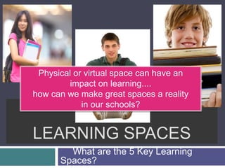 Physical or virtual space can have an 
impact on learning.... 
how can we make great spaces a reality 
in our schools? 
LEARNING SPACES 
What are the 5 Key Learning 
Spaces? 
 