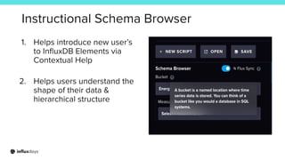 Instructional Schema Browser
1. Helps introduce new user’s
to InﬂuxDB Elements via
Contextual Help
2. Helps users understand the
shape of their data &
hierarchical structure
 