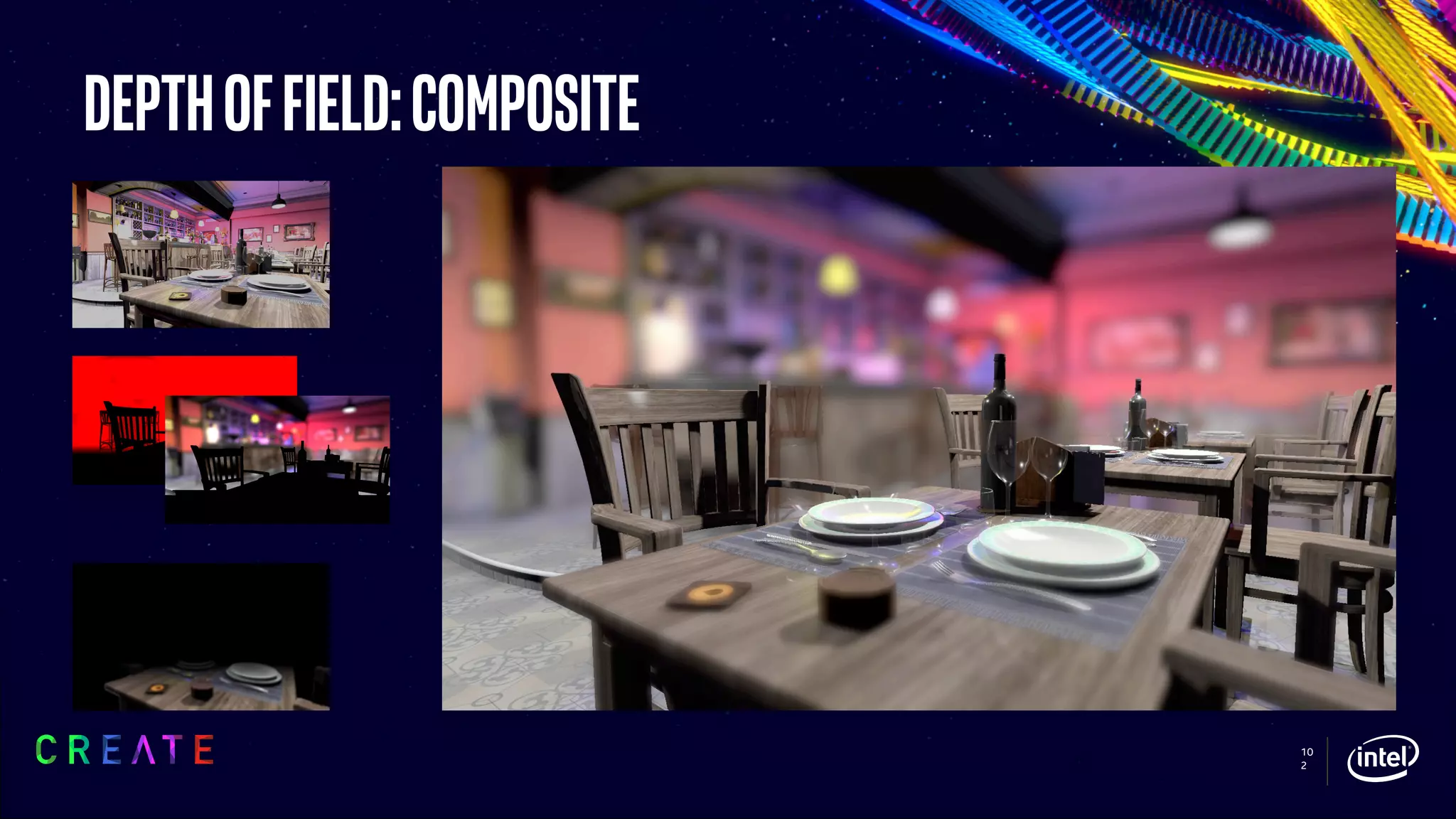 10
2
Depthoffield:composite
float3 color = g_color[ d_pixel ].rgb;
float far_coc = g_coc[ d_pixel ];
if ( far_coc > 0 )
{
float3 far_color = g_dof_far.SampleLevel( … ).rgb;
color = lerp( color, far_color, far_coc );
}
float4 dof_near = g_dof_near.SampleLevel( … );
float alpha = dof_near.a * (1.0 - far_coc);
g_color[ d_pixel ].rgb = lerp( color, dof_near.rgb, alpha );
 