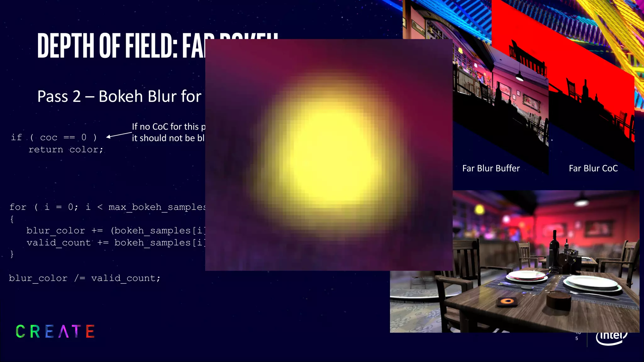 Prevents samples which are in the
focal range from leaking into the
blur
If no CoC for this pixel,
it should not be blurredif ( coc == 0 )
return color;
10
5
Depthoffield:farbokeh
Pass 2 – Bokeh Blur for Background
for ( i = 0; i < max_bokeh_samples; i++ )
{
blur_color += (bokeh_samples[i] * bokeh_samples[i].a);
valid_count += bokeh_samples[i].a;
}
blur_color /= valid_count;
Prevents samples which are in the
focal range from leaking into the
blur
Far Blur CoCFar Blur Buffer
 