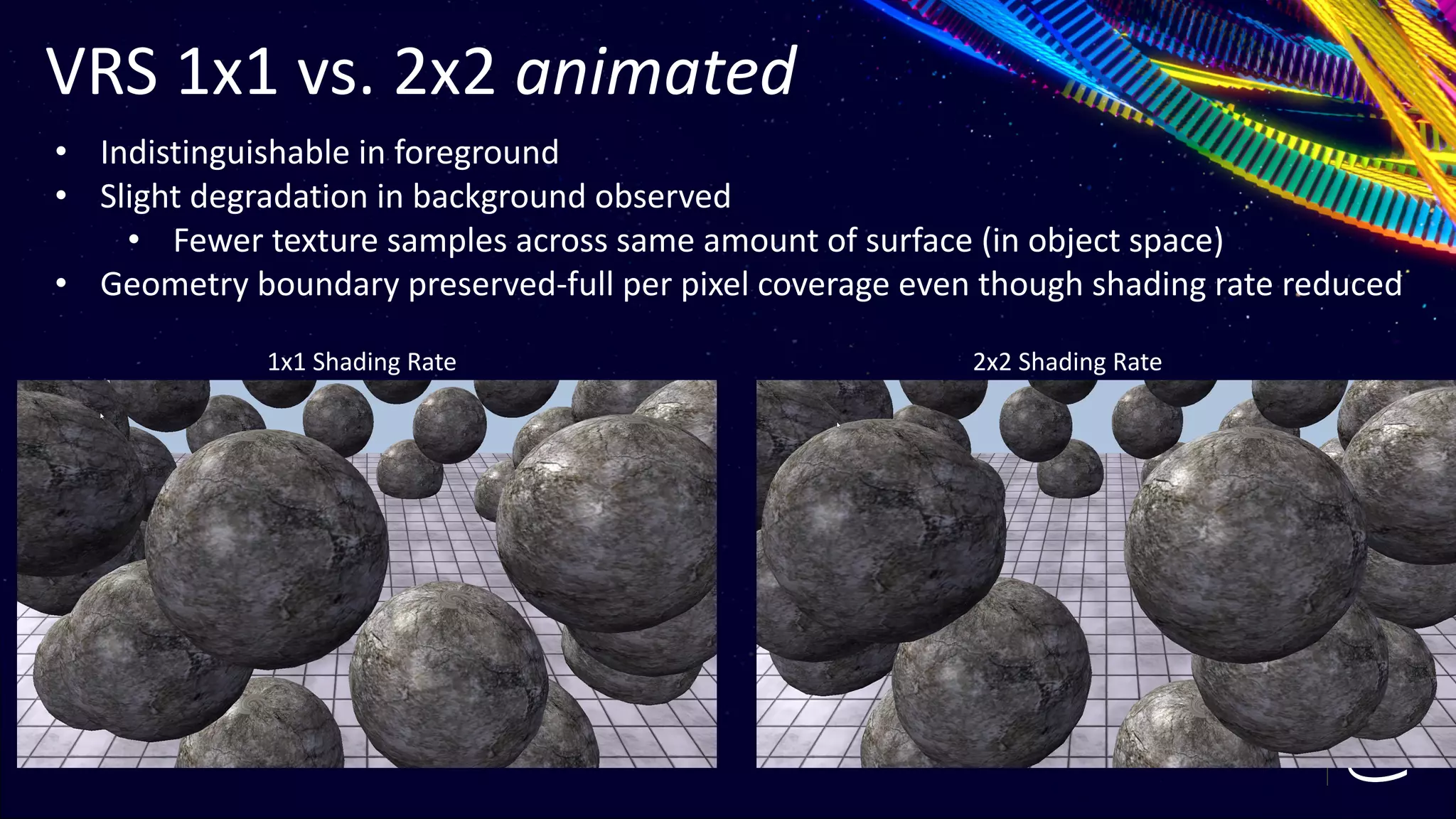 VRS 1x1 vs. 2x2 animated
11
• Indistinguishable in foreground
• Slight degradation in background observed
• Fewer texture samples across same amount of surface (in object space)
• Geometry boundary preserved-full per pixel coverage even though shading rate reduced
1x1 Shading Rate 2x2 Shading Rate
 