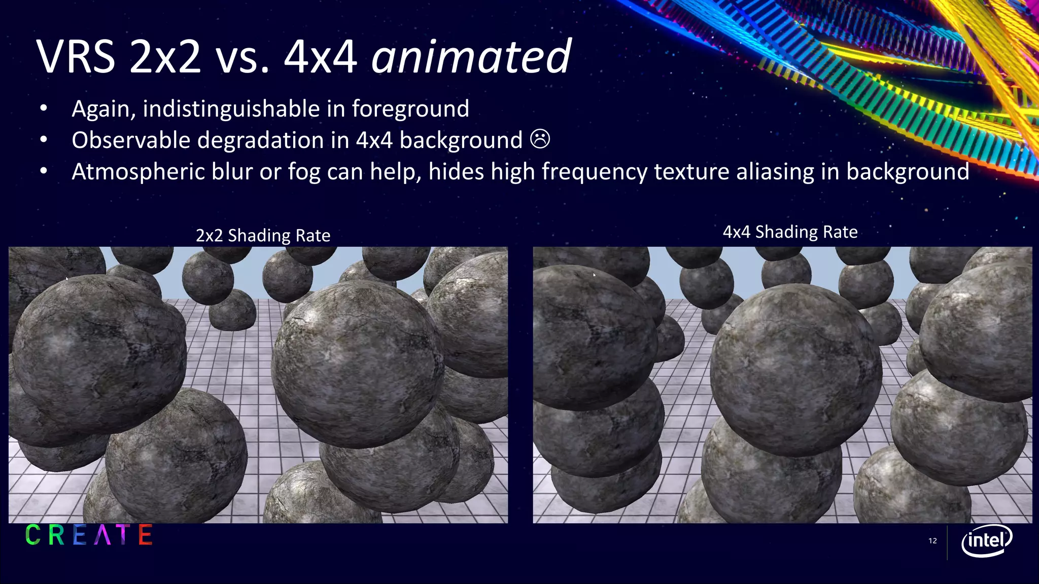 VRS 2x2 vs. 4x4 animated
12
• Again, indistinguishable in foreground
• Observable degradation in 4x4 background L
• Atmospheric blur or fog can help, hides high frequency texture aliasing in background
4x4 Shading Rate2x2 Shading Rate
 