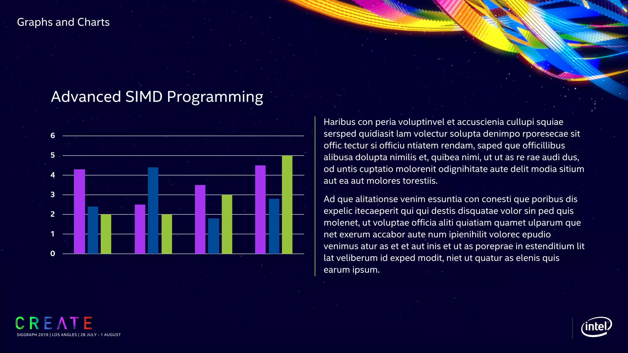 Graphs and Charts
Haribus con peria voluptinvel et accuscienia cullupi squiae
sersped quidiasit lam volectur solupta denimpo rporesecae sit
offic tectur si officiu ntiatem rendam, saped que officillibus
alibusa dolupta nimilis et, quibea nimi, ut ut as re rae audi dus,
od untis cuptatio molorenit odignihitate aute delit modia sitium
aut ea aut molores torestiis.
Ad que alitationse venim essuntia con conesti que poribus dis
expelic itecaeperit qui qui destis disquatae volor sin ped quis
molenet, ut voluptae officia aliti quiatiam quamet ulparum que
net exerum accabor aute num ipienihilit volorec epudio
venimus atur as et et aut inis et ut as poreprae in estenditium lit
lat veliberum id exped modit, niet ut quatur as elenis quis
earum ipsum.
SIGGRAPH 2019 | LOS ANGLES | 28 JULY - 1 AUGUST
Advanced SIMD Programming
0
1
2
3
4
5
6
 
