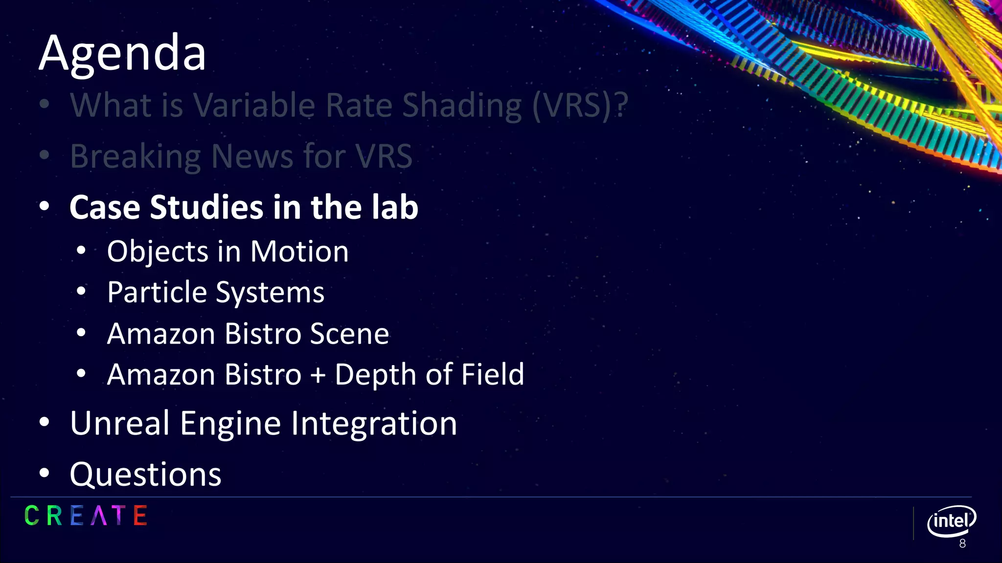 Agenda
8
• What is Variable Rate Shading (VRS)?
• Breaking News for VRS
• Case Studies in the lab
• Objects in Motion
• Particle Systems
• Amazon Bistro Scene
• Amazon Bistro + Depth of Field
• Unreal Engine Integration
• Questions
 