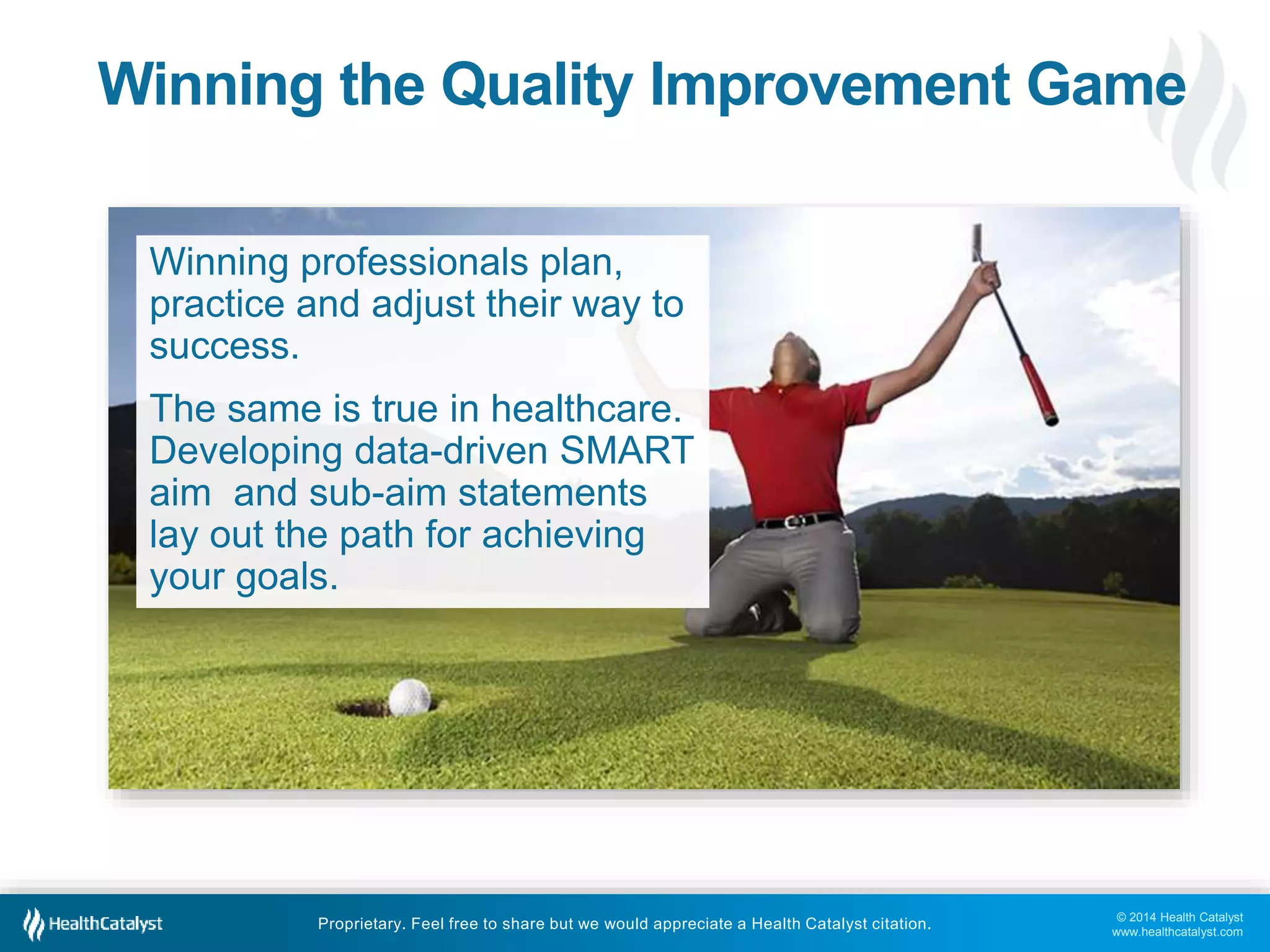 © 2014 Health Catalyst
www.healthcatalyst.com
Proprietary. Feel free to share but we would appreciate a Health Catalyst citation.
Winning the Quality Improvement Game
Winning professionals plan,
practice and adjust their way to
success.
The same is true in healthcare.
Developing data-driven SMART
aim and sub-aim statements
lay out the path for achieving
your goals.
 