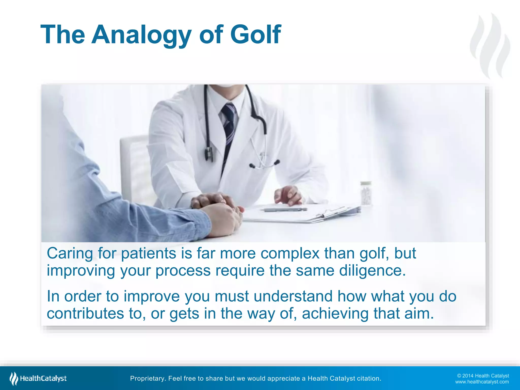 © 2014 Health Catalyst
www.healthcatalyst.com
Proprietary. Feel free to share but we would appreciate a Health Catalyst citation.
The Analogy of Golf
Caring for patients is far more complex than golf, but
improving your process require the same diligence.
In order to improve you must understand how what you do
contributes to, or gets in the way of, achieving that aim.
 