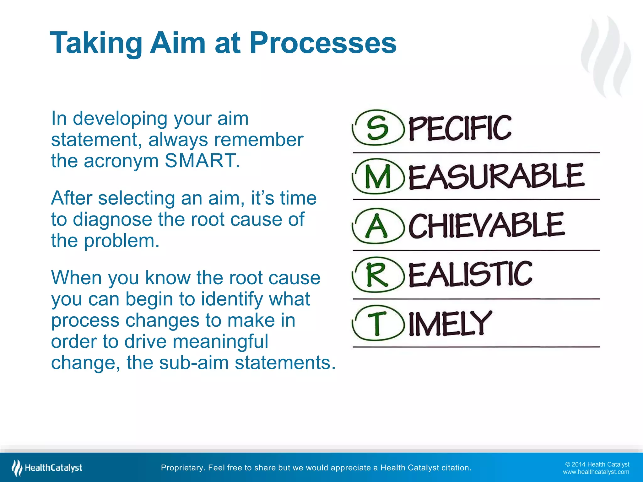 © 2014 Health Catalyst
www.healthcatalyst.com
Proprietary. Feel free to share but we would appreciate a Health Catalyst citation.
Taking Aim at Processes
In developing your aim
statement, always remember
the acronym SMART.
After selecting an aim, it’s time
to diagnose the root cause of
the problem.
When you know the root cause
you can begin to identify what
process changes to make in
order to drive meaningful
change, the sub-aim statements.
 