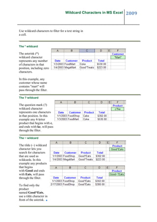 Wildcard Characters in MS Excel   2009


Use wildcard characters to filter for a text string in
a cell.


The * wildcard

The asterisk (*)
wildcard character
represents any number
of characters in that
position, including zero
characters.

In this example, any
customer whose name
contains "mart" will
pass through the filter.

The ? wildcard

The question mark (?)
wildcard character
represents one characters
in that position. In this
example any 4-letter
product that begins with c,
and ends with ke, will pass
through the filter.

The ~ wildcard

The tilde (~) wildcard
character lets you
search for characters
that are used as
wildcards. In this
example any products
that begins
with Good and ends
with Eats, will pass
through the filter.

To find only the
product
named Good*Eats,
use a tilde character in
front of the asterisk.
 