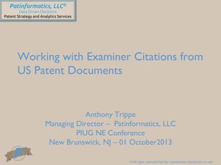 © All rights reserved. Not for reproduction, distribution or sale.	

Patinformatics, LLC®	
Data Driven Decisions	
Patent Strategy and Analytics Services	
Working with Examiner Citations from
US Patent Documents	

Anthony Trippe	

Managing Director – Patinformatics, LLC	

PIUG NE Conference	

New Brunswick, NJ – 01 October2013	

 