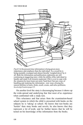 USE YOUR HEAD
Fig43 At the present time information is being given more
importance and emphasis than the individual. As a result he is
being mentally swamped and almost literally 'weighed down' by it
all. Both the information and publication explosions are still
continuing at staggering rates, while the ability ofthe individual to
handle and study it all remains neglected. Ifhe is ever to cope with
the situation he must learn not more 'hard facts' but new ways of
handling and studying the information - new ways ofusing his
natural abilities to learn, think, recall, create, and solve problems.
Seealsofig45andtextpage125.
On another level the story is discouraging because it shows up
the wide-spread and underlying fear that most of us experience
when confronted with a study text.
This reluctance and fear arises from the examination-based
school system in which the child is presented with books on the
subjects he is 'taking' at school. He knows that text books are
'harder' than story books and novels; he also knows that they
represent a lot of work; and he further knows that he will be
tested on his knowledge of the information from the books.
120
 