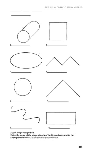 THE BUZAN ORGANIC STUDY METHOD
Fig46Shaperecognition.
Enter the name ofthe shape ofeach ofthe items above next to the
appropriatenumber.Seetextoppositeaftercompletion.
129
1
2 3
4 5
6 7
8 9
 