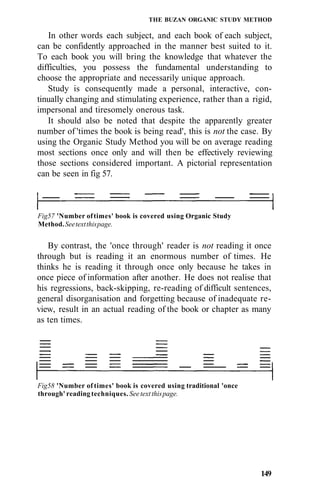 THE BUZAN ORGANIC STUDY METHOD
In other words each subject, and each book of each subject,
can be confidently approached in the manner best suited to it.
To each book you will bring the knowledge that whatever the
difficulties, you possess the fundamental understanding to
choose the appropriate and necessarily unique approach.
Study is consequently made a personal, interactive, con-
tinually changing and stimulating experience, rather than a rigid,
impersonal and tiresomely onerous task.
It should also be noted that despite the apparently greater
number of 'times the book is being read', this is not the case. By
using the Organic Study Method you will be on average reading
most sections once only and will then be effectively reviewing
those sections considered important. A pictorial representation
can be seen in fig 57.
Fig57 'Number oftimes' book is covered using Organic Study
Method.Seetextthispage.
By contrast, the 'once through' reader is not reading it once
through but is reading it an enormous number of times. He
thinks he is reading it through once only because he takes in
once piece of information after another. He does not realise that
his regressions, back-skipping, re-reading of difficult sentences,
general disorganisation and forgetting because of inadequate re-
view, result in an actual reading of the book or chapter as many
as ten times.
Fig58 'Number of times' book is covered using traditional 'once
through' reading techniques. See text thispage.
149
 