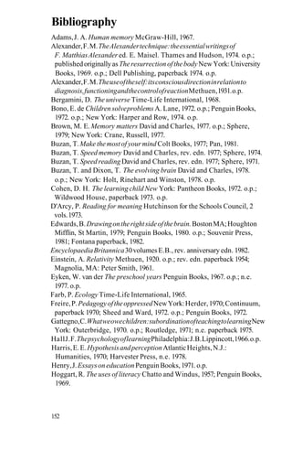 Bibliography
Adams,J. A. Human memory McGraw-Hill, 1967.
Alexander,F.M.TheAlexandertechnique:theessentialwritingsof
F. MatthiasAlexandered. E. Maisel. Thames and Hudson, 1974. o.p.;
publishedoriginallyasTheresurrectionofthebodyNewYork:University
Books, 1969. o.p.; Dell Publishing, paperback 1974. o.p.
Alexander,F.M.Theuseoftheself:itsconsciousdirectioninrelationto
diagnosis,functioningandthecontrolofreactionMethuen,1931.o.p.
Bergamini, D. The universe Time-Life International, 1968.
Bono, E. de Childrensolveproblems A. Lane, 1972. o.p.; Penguin Books,
1972. o.p.; New York: Harper and Row, 1974. o.p.
Brown, M. E. Memory matters David and Charles, 1977. o.p.; Sphere,
1979; New York: Crane, Russell, 1977.
Buzan, T.Make themostof yourmind Colt Books, 1977; Pan, 1981.
Buzan, T. Speed memory David and Charles, rev. edn. 1977; Sphere, 1974.
Buzan, T. SpeedreadingDavid and Charles, rev. edn. 1977; Sphere, 1971.
Buzan, T. and Dixon, T. The evolving brain David and Charles, 1978.
o.p.; New York: Holt, Rinehart and Winston, 1978. o.p.
Cohen, D. H. The learning child New York: Pantheon Books, 1972. o.p.;
Wildwood House, paperback 1973. o.p.
D'Arcy, P. Reading for meaning Hutchinson for the Schools Council, 2
vols.1973.
Edwards,B.Drawingontherightsideofthebrain.BostonMA;Houghton
Mifflin, St Martin, 1979; Penguin Books, 1980. o.p.; Souvenir Press,
1981; Fontana paperback, 1982.
EncyclopaediaBritannica30volumes E.B., rev. anniversary edn. 1982.
Einstein, A. Relativity Methuen, 1920. o.p.; rev. edn. paperback 1954;
Magnolia, MA: Peter Smith, 1961.
Eyken, W. van der The preschool years Penguin Books, 1967. o.p.; n.e.
1977. o.p.
Farb, P. Ecology Time-Life International, 1965.
Freire,P.PedagogyoftheoppressedNewYork:Herder,1970;Continuum,
paperback 1970; Sheed and Ward, 1972. o.p.; Penguin Books, 1972.
Gattegno,C.Whatweowechildren:subordinationofteachingtolearningNew
York: Outerbridge, 1970. o.p.; Routledge, 1971; n.e. paperback 1975.
HallJ.F.ThepsychologyoflearningPhiladelphia:J.B.Lippincott,1966.o.p.
Harris,E.E.HypothesisandperceptionAtlanticHeights,N.J.:
Humanities, 1970; Harvester Press, n.e. 1978.
Henry,J.EssaysoneducationPenguinBooks,1971. o.p.
Hoggart, R. The uses of literacy Chatto and Windus, 1957; Penguin Books,
1969.
152
 