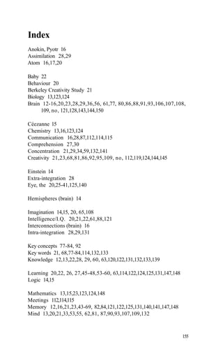 Index
Anokin, Pyotr 16
Assimilation 28,29
Atom 16,17,20
Baby 22
Behaviour 20
Berkeley Creativity Study 21
Biology 13,123,124
Brain 12-16,20,23,28,29,36,56, 61,77, 80,86,88,91,93,106,107,108,
109, no, 121,128,143,144,150
Céezanne 15
Chemistry 13,16,123,124
Communication 16,28,87,112,114,115
Comprehension 27,30
Concentration 21,29,34,59,132,141
Creativity 21,23,68,81,86,92,95,109, no, 112,119,124,144,145
Einstein 14
Extra-integration 28
Eye, the 20,25-41,125,140
Hemispheres (brain) 14
Imagination 14,15, 20, 65,108
Intelligence/I.Q. 20,21,22,61,88,121
Interconnections (brain) 16
Intra-integration 28,29,131
Key concepts 77-84, 92
Key words 21, 68,77-84,114,132,133
Knowledge 12,13,22,28, 29, 60, 63,120,122,131,132,133,139
Learning 20,22, 26, 27,45-48,53-60, 63,114,122,124,125,131,147,148
Logic 14,15
Mathematics 13,15,23,123,124,148
Meetings 112,114,115
Memory 12,16,21,23,43-69, 82,84,121,122,125,131,140,141,147,148
Mind 13,20,21,33,53,55, 62,81, 87,90,93,107,109,132
155
 