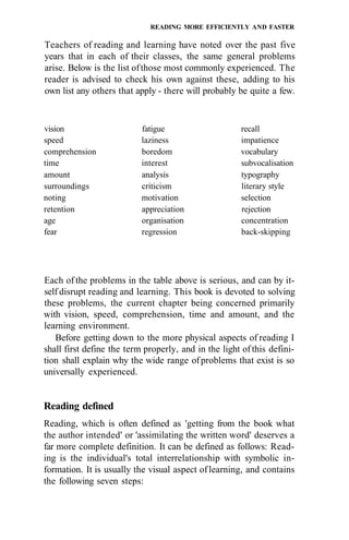 READING MORE EFFICIENTLY AND FASTER
Teachers of reading and learning have noted over the past five
years that in each of their classes, the same general problems
arise. Below is the list ofthose most commonly experienced. The
reader is advised to check his own against these, adding to his
own list any others that apply - there will probably be quite a few.
vision fatigue recall
speed laziness impatience
comprehension boredom vocabulary
time interest subvocalisation
amount analysis typography
surroundings criticism literary style
noting motivation selection
retention appreciation rejection
age organisation concentration
fear regression back-skipping
Each of the problems in the table above is serious, and can by it-
self disrupt reading and learning. This book is devoted to solving
these problems, the current chapter being concerned primarily
with vision, speed, comprehension, time and amount, and the
learning environment.
Before getting down to the more physical aspects of reading I
shall first define the term properly, and in the light of this defini-
tion shall explain why the wide range ofproblems that exist is so
universally experienced.
Reading defined
Reading, which is often defined as 'getting from the book what
the author intended' or 'assimilating the written word' deserves a
far more complete definition. It can be defined as follows: Read-
ing is the individual's total interrelationship with symbolic in-
formation. It is usually the visual aspect oflearning, and contains
the following seven steps:
 