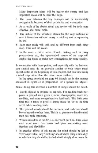 USE YOUR HEAD
More important ideas will be nearer the centre and less
important ideas will be near the edge.
3 The links between the key concepts will be immediately
recognisable because of their proximity and connection.
4 As a result of the above, recall and review will be both more
effective and more rapid.
5 The nature of the structure allows for the easy addition of
new information without messy scratching out or squeezing
in, etc.
6 Each map made will look and be different from each other
map. This will aid recall.
7 In the more creative areas of note making such as essay
preparations etc, the open-ended nature of the map will
enable the brain to make new connections far more readily.
In connection with these points, and especially with the last one,
you should now do an exercise similar to your space travel
speech notes at the beginning of this chapter, but this time using
a mind map rather than the more linear methods.
In the space provided on page 94 branch out in the manner
indicated in figure 35 in preparation for a speech on 'Myself.
While doing this exercise a number of things should be noted.
1 Words should be printed in capitals. For reading-back pur-
poses a printed map gives a more photographic, more im-
mediate, and more comprehensive feed-back. The little extra
time that it takes to print is amply made up for in the time
saved when reading back.
2 The printed words should be on lines, and each line should
be connected to other lines. This is to guarantee that the mind
map has basic structure.
3 Words should be in 'units', i.e. one word per line. This leaves
each word more free hooks and gives note-taking more
freedom and flexibility
4 In creative efforts of this nature the mind should be left as
'free' as possible. Any 'thinking' about where things should go
or whether they should be included will simply slow down the
92
 