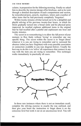 USE YOUR MEMORY
culator, in preparation for the following morning. Finally we asked
him to describe the interior design ofhis briefcase, and as he went
through a detailed description of each compartment and section,
he remembered pens, pencils, machines, letters and a number of
other items that he had previously completely 'forgotten'.
Within twenty minutes ofwhat turned out to be a delightful and
playful reliving of his previous twenty-four hours, in which his
frown gradually turned into a broad smile and his physical poise
improved, he recalled eighteen additional items to the original
four he had recalled after a painful and unpleasant one hour and
twenty minutes.
The secret in re-remembering is to allow the full power ofyour
memory to flow freely without 'trying' to remember any one
specific thing. The secret within the secret is to 'forget about'
whatever it is you are trying to remember and to surround the
absence (what you have forgotten) with every possible association
or connection available to you (see diagram below). Usually the
best way to do this is to 'relive' all experiences that connect in any
way with the item you are trying to remember. This technique
works immediately in practically all cases.
In those rare instances where there is not an immediate recall,
complete the reliving exercise in exactly the way outlined, and
then give your brain the instruction to forget about it on the
conscious level but work it out on an unconscious level. You will
162
 