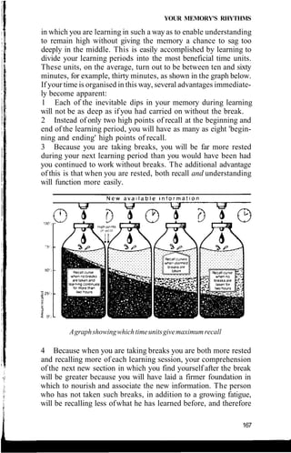 YOUR MEMORY'S RHYTHMS
in which you are learning in such a way as to enable understanding
to remain high without giving the memory a chance to sag too
deeply in the middle. This is easily accomplished by learning to
divide your learning periods into the most beneficial time units.
These units, on the average, turn out to be between ten and sixty
minutes, for example, thirty minutes, as shown in the graph below.
If your time is organised in this way, several advantages immediate-
ly become apparent:
1 Each of the inevitable dips in your memory during learning
will not be as deep as ifyou had carried on without the break.
2 Instead of only two high points of recall at the beginning and
end of the learning period, you will have as many as eight 'begin-
ning and ending' high points of recall.
3 Because you are taking breaks, you will be far more rested
during your next learning period than you would have been had
you continued to work without breaks. The additional advantage
of this is that when you are rested, both recall and understanding
will function more easily.
Agraphshowingwhich timeunitsgivemaximum recall
4 Because when you are taking breaks you are both more rested
and recalling more of each learning session, your comprehension
of the next new section in which you find yourself after the break
will be greater because you will have laid a firmer foundation in
which to nourish and associate the new information. The person
who has not taken such breaks, in addition to a growing fatigue,
will be recalling less ofwhat he has learned before, and therefore
167
 