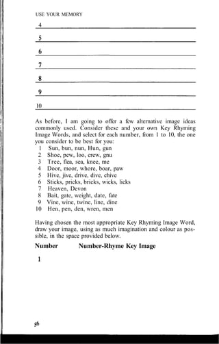 USE YOUR MEMORY
4
10
As before, I am going to offer a few alternative image ideas
commonly used. Consider these and your own Key Rhyming
Image Words, and select for each number, from 1 to 10, the one
you consider to be best for you:
1 Sun, bun, nun, Hun, gun
2 Shoe, pew, loo, crew, gnu
3 Tree, flea, sea, knee, me
4 Door, moor, whore, boar, paw
5 Hive, jive, drive, dive, chive
6 Sticks, pricks, bricks, wicks, licks
7 Heaven, Devon
8 Bait, gate, weight, date, fate
9 Vine, wine, twine, line, dine
10 Hen, pen, den, wren, men
Having chosen the most appropriate Key Rhyming Image Word,
draw your image, using as much imagination and colour as pos-
sible, in the space provided below.
Number Number-Rhyme Key Image
 