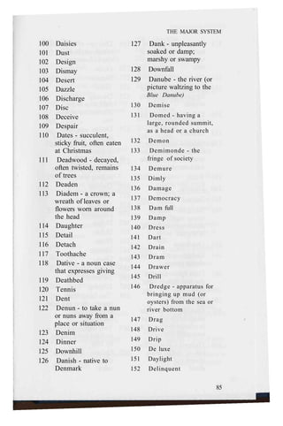 100 Daisies
101 Dust
102 Design
103 Dismay
104 Desert
105 Dazzle
106 Discharge
107 Disc
108 Deceive
109 Despair
110 Dates - succulent,
sticky fruit, often eaten
at Christmas
111 Deadwood - decayed,
often twisted, remains
of trees
112 Deaden
113 Diadem - a crown; a
wreath of leaves or
flowers worn around
the head
114 Daughter
115 Detail
116 Detach
117 Toothache
118 Dative - a noun case
that expresses giving
119 Deathbed
120 Tennis
121 Dent
122 Denun - to take a nun
or nuns away from a
place or situation
123 Denim
124 Dinner
125 Downhill
126 Danish - native to
Denmark
THE MAJOR SYSTEM
127 Dank - unpleasantly
soaked or damp;
marshy or swampy
128 Downfall
129 Danube - the river (or
picture waltzing to the
Blue Danube)
130 Demise
131 Domed - having a
large, rounded summit,
as a head or a church
132 Demon
133 Demimonde - the
fringe of society
134 Demure
135 Dimly
136 Damage
137 Democracy
138 Dam full
139 Damp
140 Dress
141 Dart
142 Drain
143 Dram
144 Drawer
145 Drill
146 Dredge - apparatus for
bringing up mud (or
oysters) from the sea or
river bottom
147 Drag
148 Drive
149 Drip
150 De luxe
151 Daylight
152 Delinquent
85
 