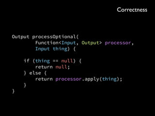 @Path("/properties") 
public final class PropertiesResource { 
private final Template PropertyTemplate = 
Template.inClassPath("/com/buymoarflats/website/property-details.html"); 
 
@GET 
@Path("/{propertyId}") 
public Response propertyDetails(@PathParam("propertyId") int id) { 
try { 
return propertyResponse(new PropertyId(id)); 
} catch (DatabaseQueryException e) { 
return Response.serverError().entity(e).build(); 
} 
} 
 
private Response propertyResponse(PropertyId id) throws DatabaseQueryException { 
Output output = formattedProperty(id); 
if (output == null) { 
return Response.notFound().entity(id).build(); 
} 
return Response.ok(output).build(); 
} 
 
private Output formattedProperty(PropertyId id) throws DatabaseQueryException { 
Property property = retrieveProperty(id); 
if (property == null) { 
return null; 
} 
return PropertyTemplate.format(property); 
} 
 
private Property retrieveProperty(PropertyId id) throws DatabaseQueryException { 
return id.query(connection).fetchOne(); 
} 
}
Correctness
 