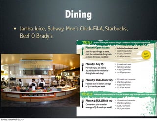 Dining
• Jamba Juice, Subway, Moe’s Chick-Fil-A, Starbucks,
Beef O Brady’s
Sunday, September 22, 13
 