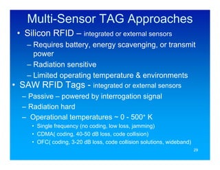 Multi-Sensor TAG Approaches
 • Silicon RFID – integrated or external sensors
    – Requires battery, energy scavenging, or transmit
      power
    – Radiation sensitive
    – Limited operating temperature & environments
• SAW RFID Tags - integrated or external sensors
  – Passive – powered by interrogation signal
  – Radiation hard
  – Operational temperatures ~ 0 - 500+ K
     • Single frequency (no coding, low loss, jamming)
     • CDMA( coding, 40-50 dB loss, code collision)
     • OFC( coding, 3-20 dB loss, code collision solutions, wideband)
                                                                        29
 