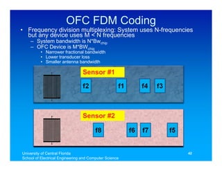 OFC FDM Coding
• Frequency division multiplexing: System uses N-frequencies
  but any device uses M < N frequencies
    – System bandwidth is N*Bwchip
    – OFC Device is M*BWchip
          • Narrower fractional bandwidth
          • Lower transducer loss
          • Smaller antenna bandwidth

                                 Sensor #1




                                 Sensor #2




University of Central Florida                             42
School of Electrical Engineering and Computer Science
 