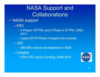 NASA Support and
           Collaborations
• NASA support
  – KSC
    • 4 Phase I STTRs and 4 Phase II STTRs: 2005-
      2011
    • Latest STTR Phase II begins this summer
  – JSC
    • 900 MHz device development in 2008
  – Langley
    • GRA OFC sensor funding: 2008-2010


                                                    70
 