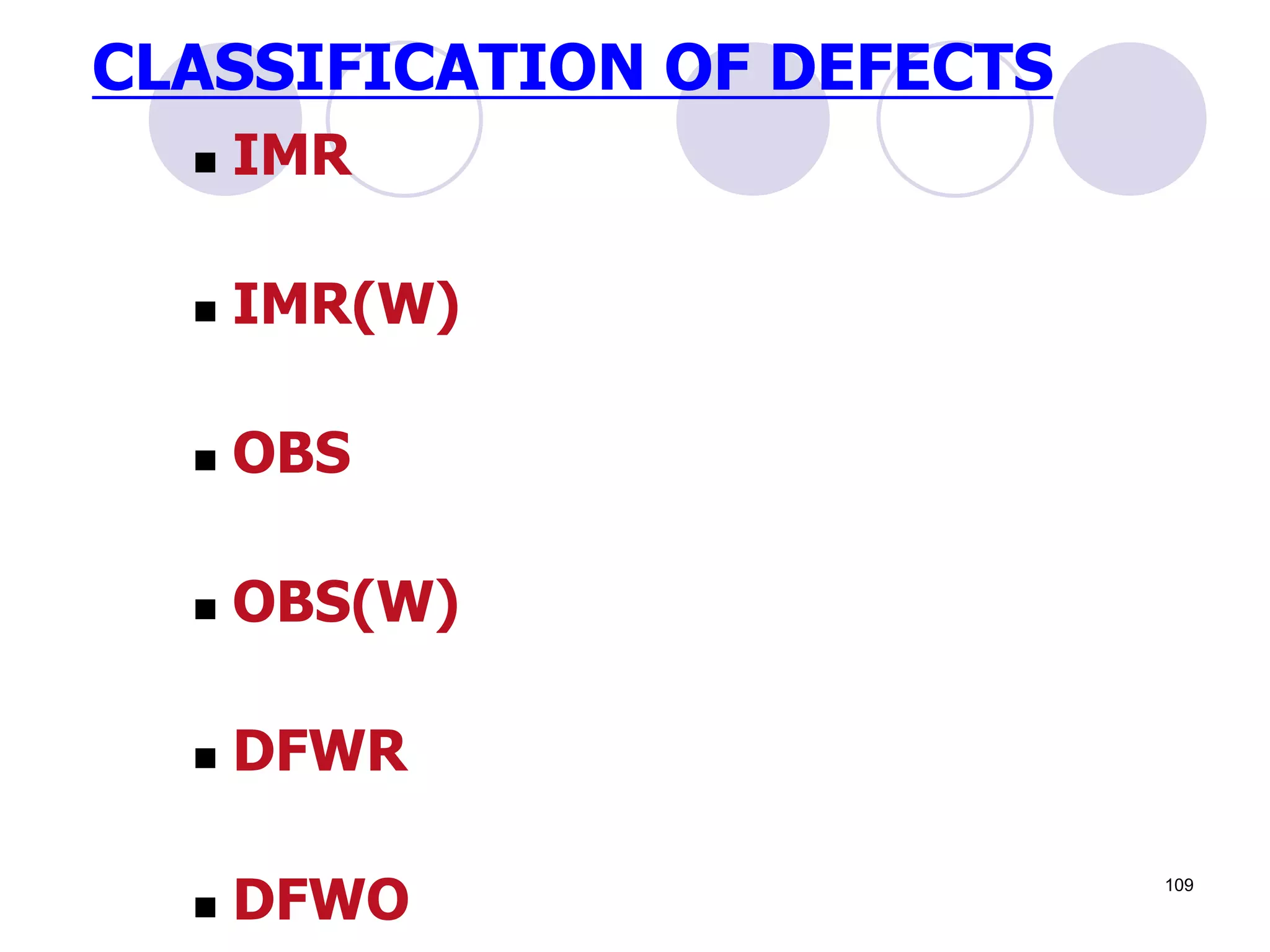 CLASSIFICATION OF DEFECTS
 IMR
 IMR(W)
 OBS
 OBS(W)
 DFWR
 DFWO
109
 