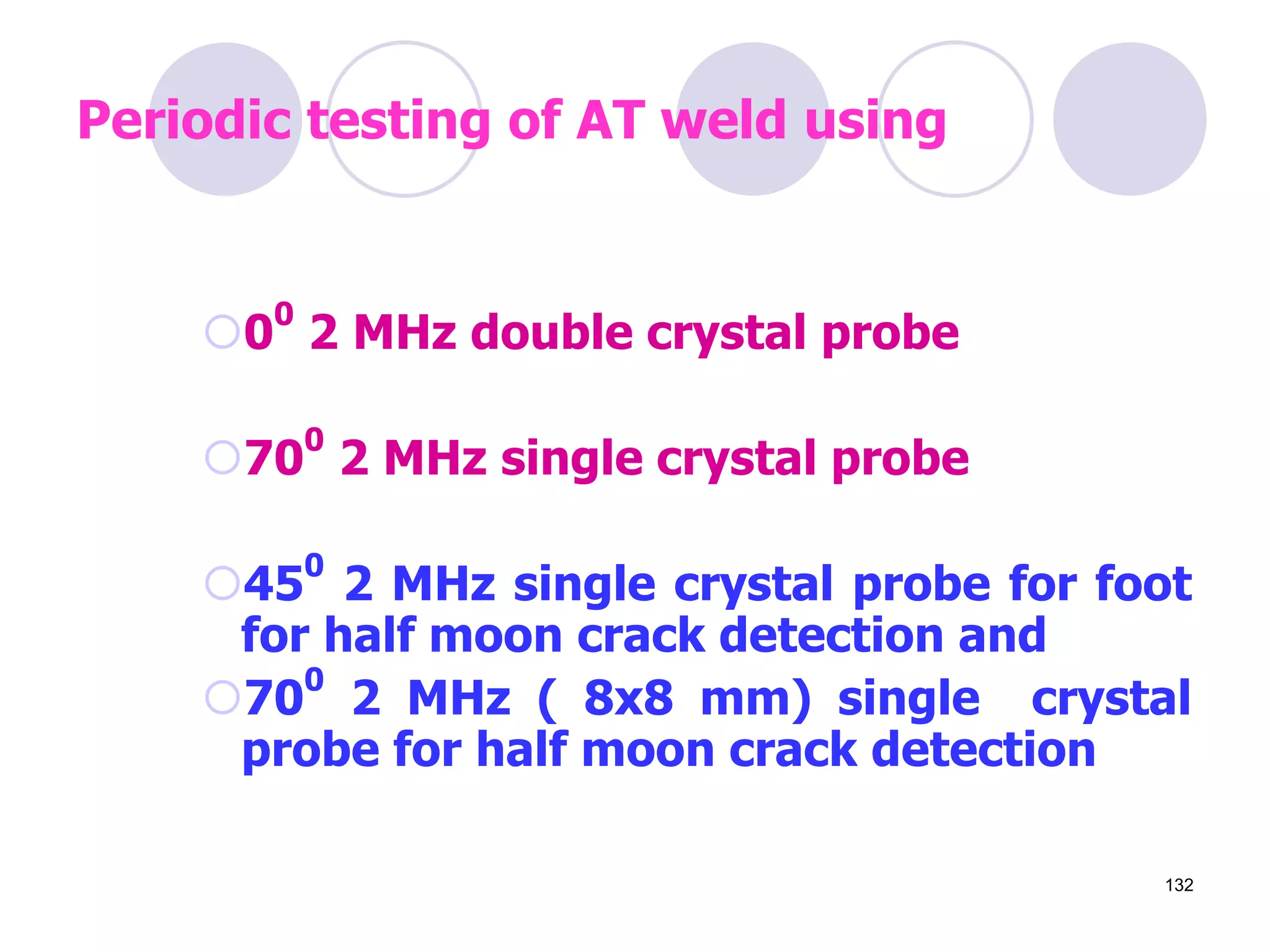 0
0
2 MHz double crystal probe
70
0
2 MHz single crystal probe
45
0
2 MHz single crystal probe for foot
for half moon crack detection and
70
0
2 MHz ( 8x8 mm) single crystal
probe for half moon crack detection
Periodic testing of AT weld using
132
 