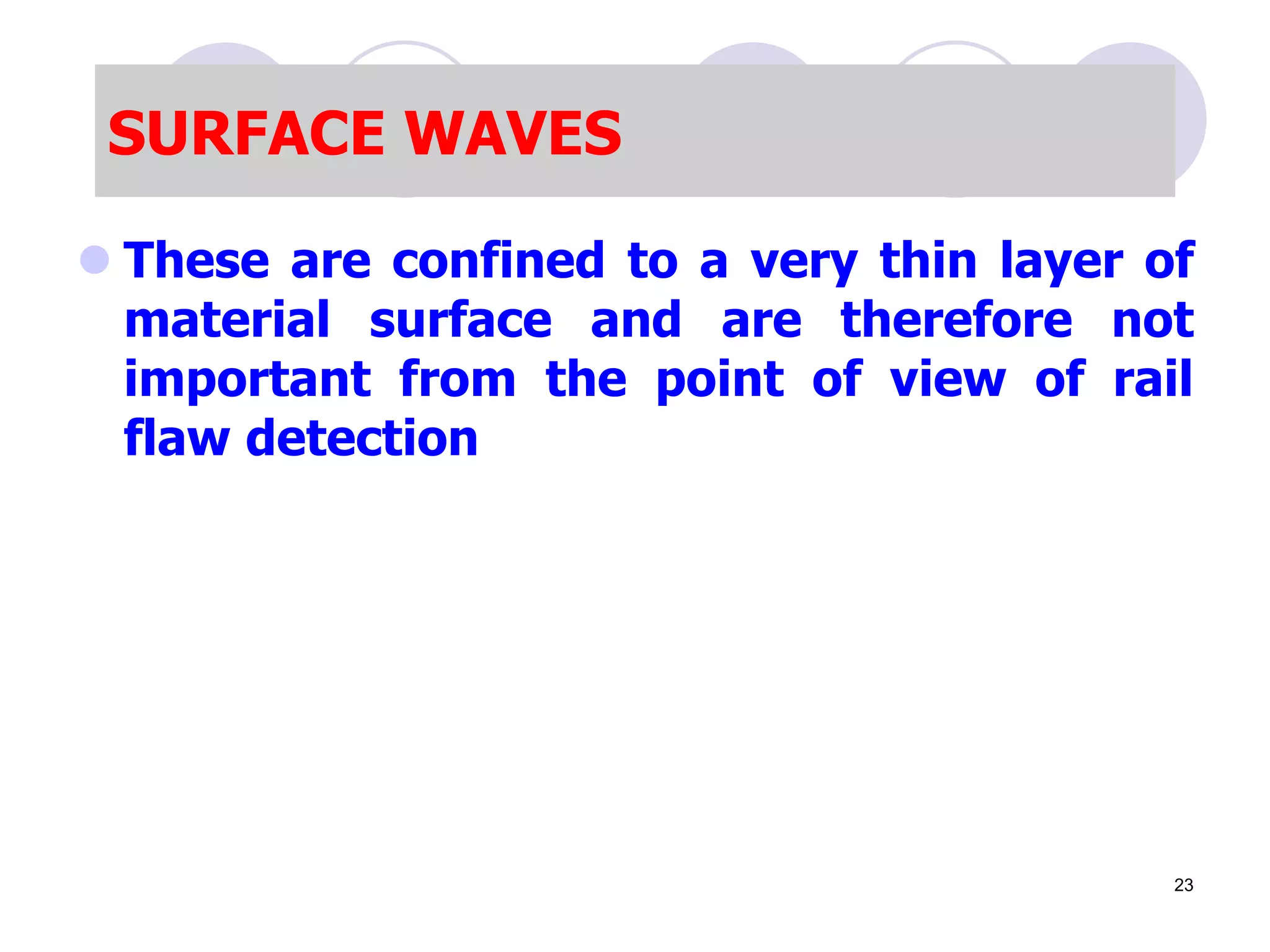 SURFACE WAVES
 These are confined to a very thin layer of
material surface and are therefore not
important from the point of view of rail
flaw detection
23
 