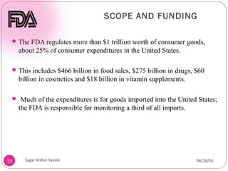SCOPE AND FUNDING
15
The FDA regulates more than $1 trillion worth of consumer goods,
about 25% of consumer expenditures in the United States.
This includes $466 billion in food sales, $275 billion in drugs, $60
billion in cosmetics and $18 billion in vitamin supplements.
 Much of the expenditures is for goods imported into the United States;
the FDA is responsible for monitoring a third of all imports.
04/28/16Sagar Kishor Savale
 
