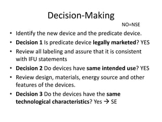 Decision-Making
• Identify the new device and the predicate device.
• Decision 1 Is predicate device legally marketed? YES
• Review all labeling and assure that it is consistent
with IFU statements
• Decision 2 Do devices have same intended use? YES
• Review design, materials, energy source and other
features of the devices.
• Decision 3 Do the devices have the same
technological characteristics? Yes  SE
NO=NSE
 
