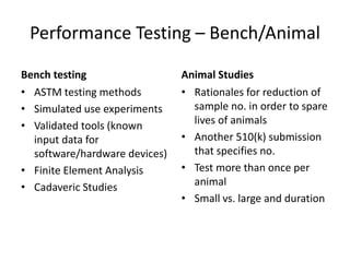 Performance Testing – Bench/Animal
Bench testing
• ASTM testing methods
• Simulated use experiments
• Validated tools (known
input data for
software/hardware devices)
• Finite Element Analysis
• Cadaveric Studies
Animal Studies
• Rationales for reduction of
sample no. in order to spare
lives of animals
• Another 510(k) submission
that specifies no.
• Test more than once per
animal
• Small vs. large and duration
 